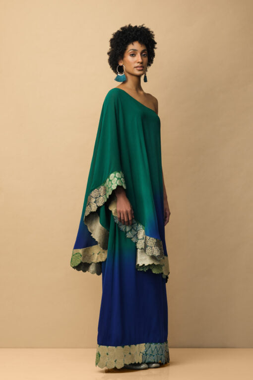 Ombre Banaras Bloom toga dress emerald green & royal blue Fashion Mallika Mathur