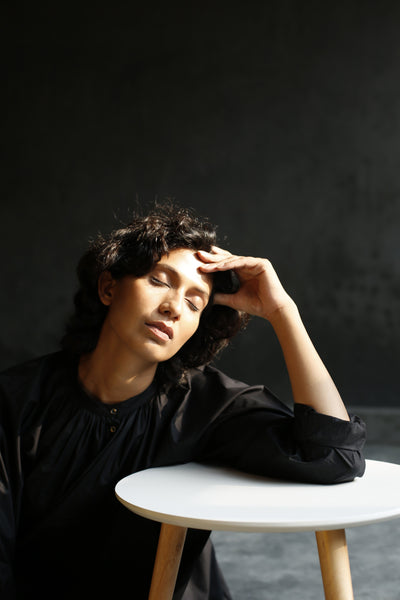 Panel Gather Neck Shirt- Black Fashion THREE