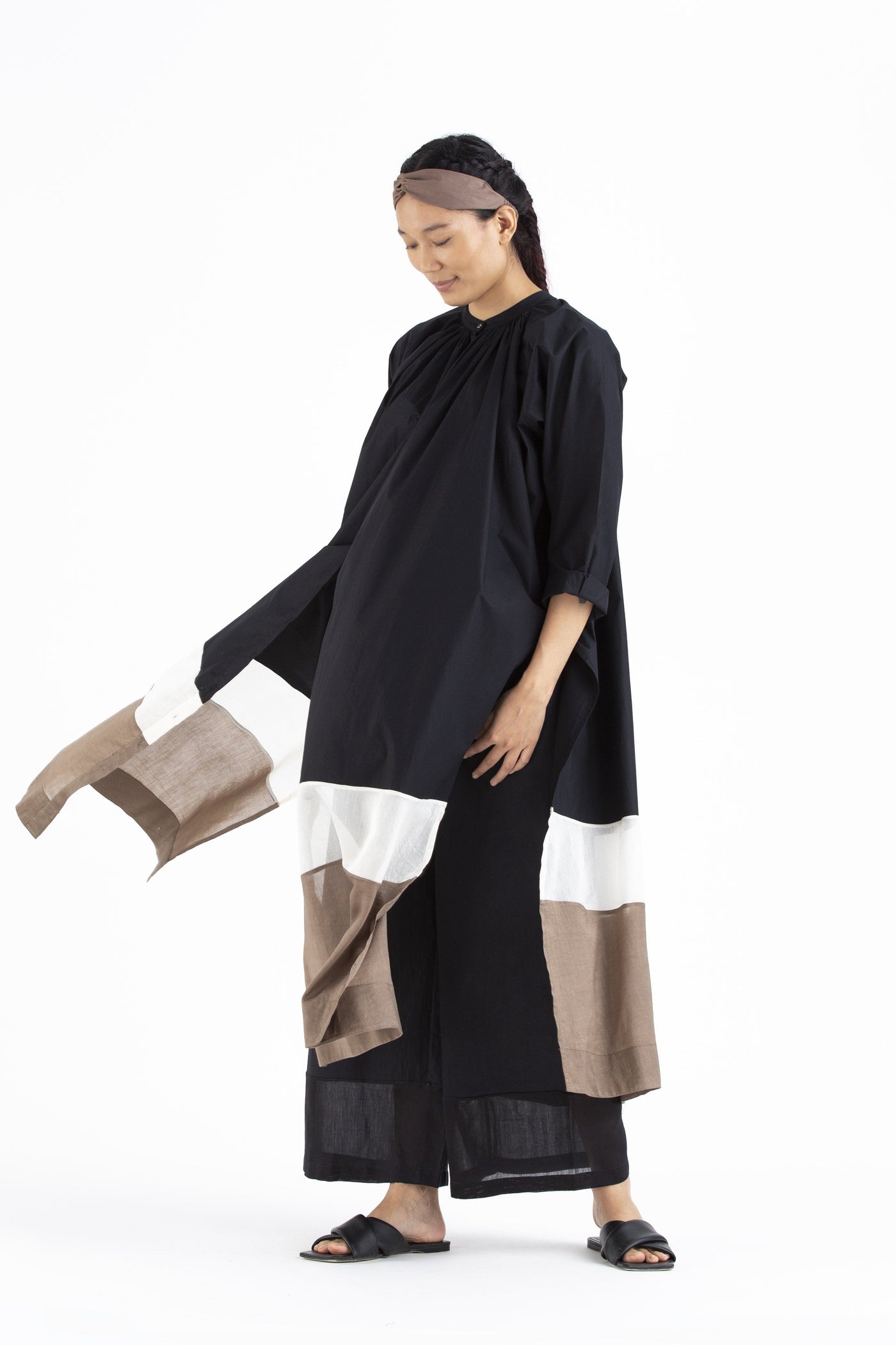 Panel Gather Neck Shirt- Black Fashion THREE