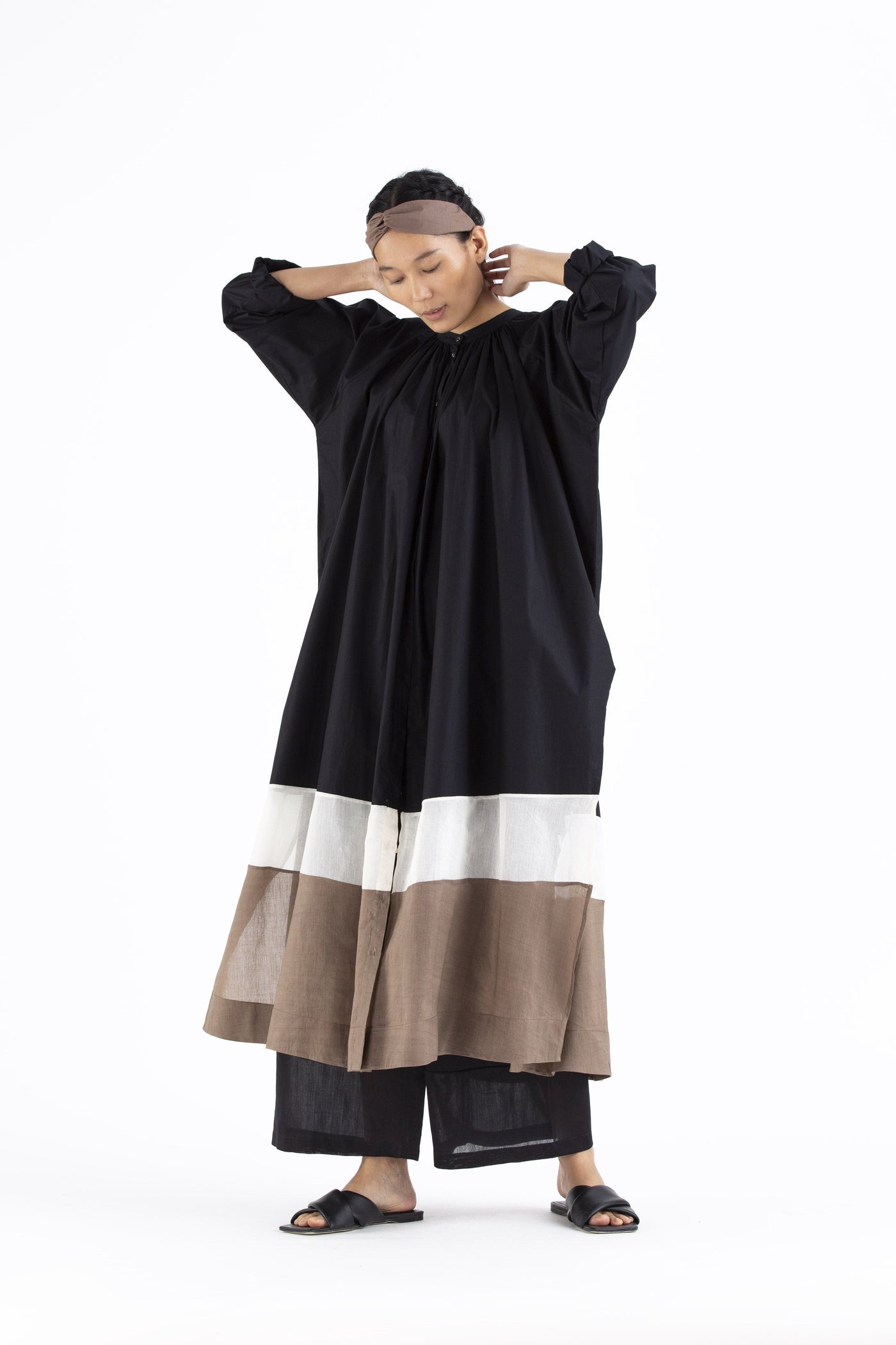 Panel Gather Neck Shirt- Black Fashion THREE