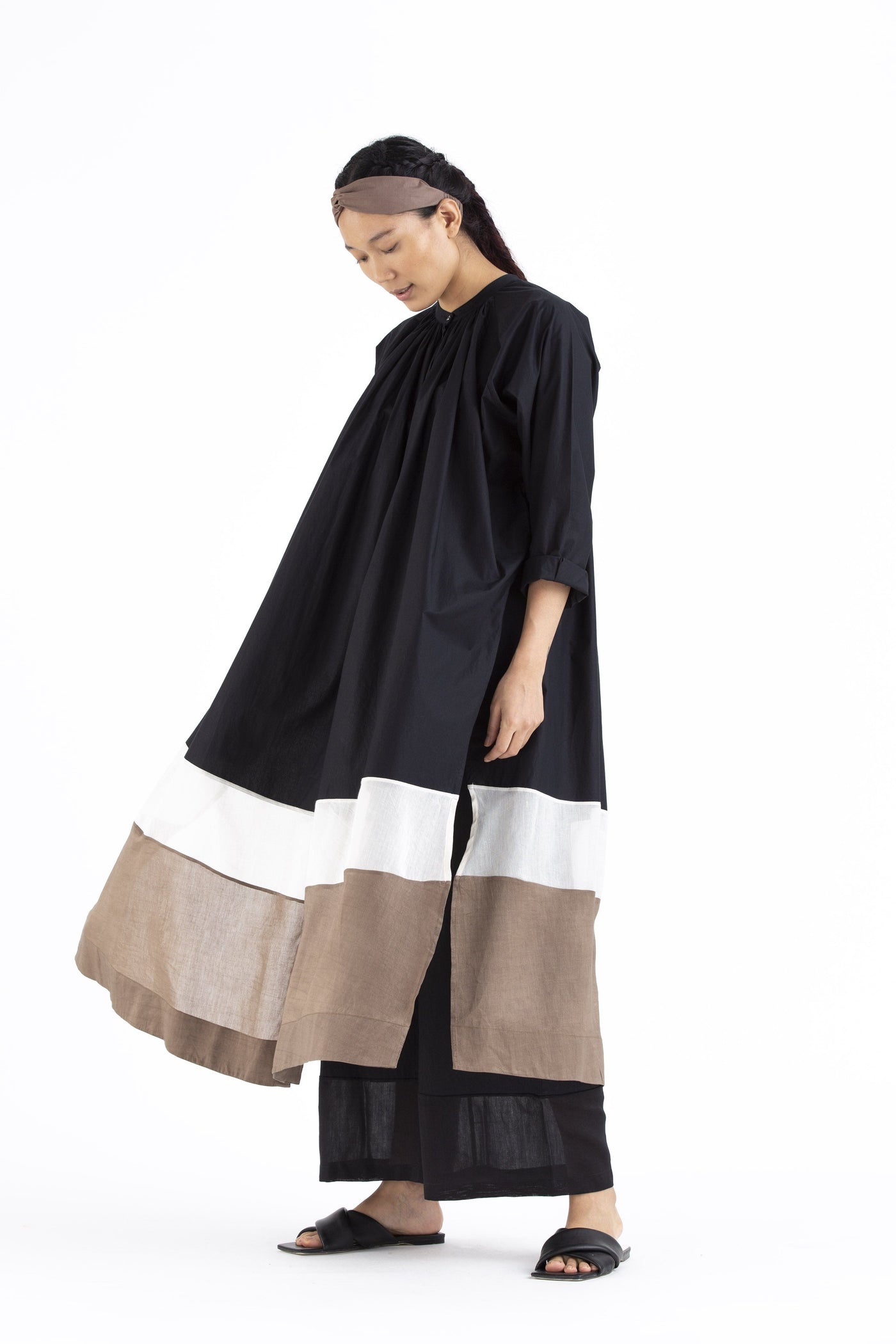 Panel Gather Neck Shirt- Black Fashion THREE
