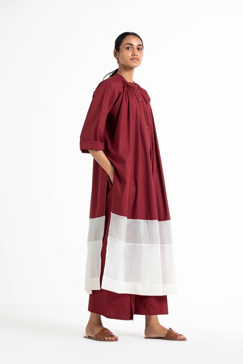Panel Gather Neck Shirt Crimson Red Fashion THREE