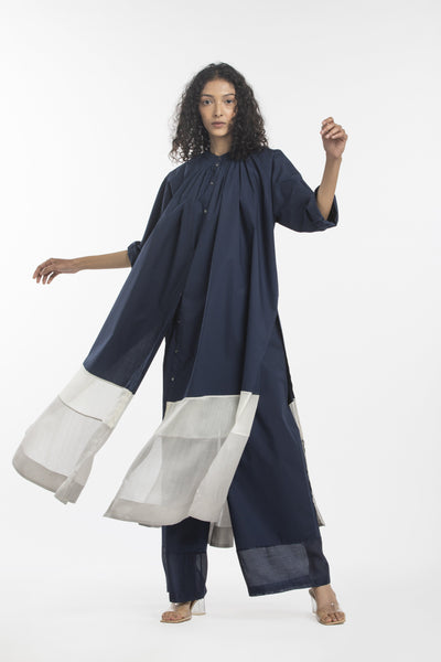 PANEL GATHER NECK SHIRT-NAVY Fashion THREE