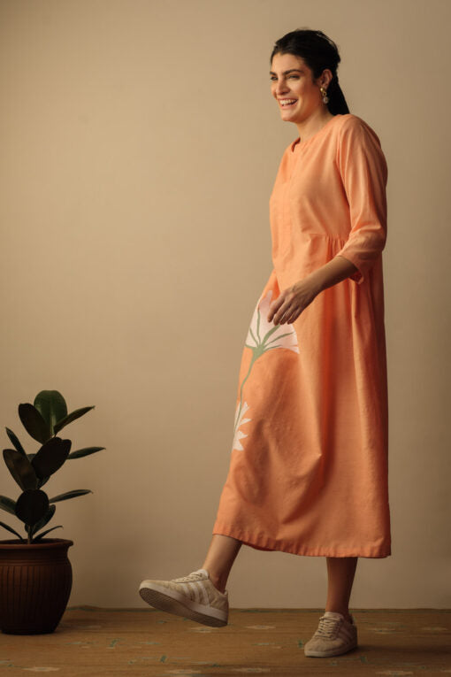 Peony flower applique dress peach Fashion Mallika Mathur