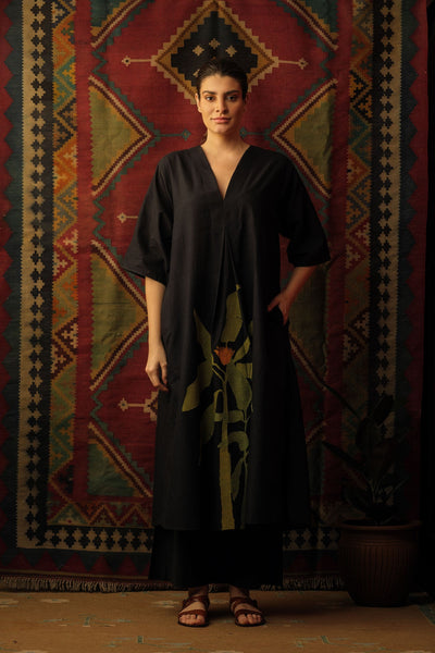 Plantain Leaf Appliqué Embroidered Kaftan Black Fashion Mallika Mathur