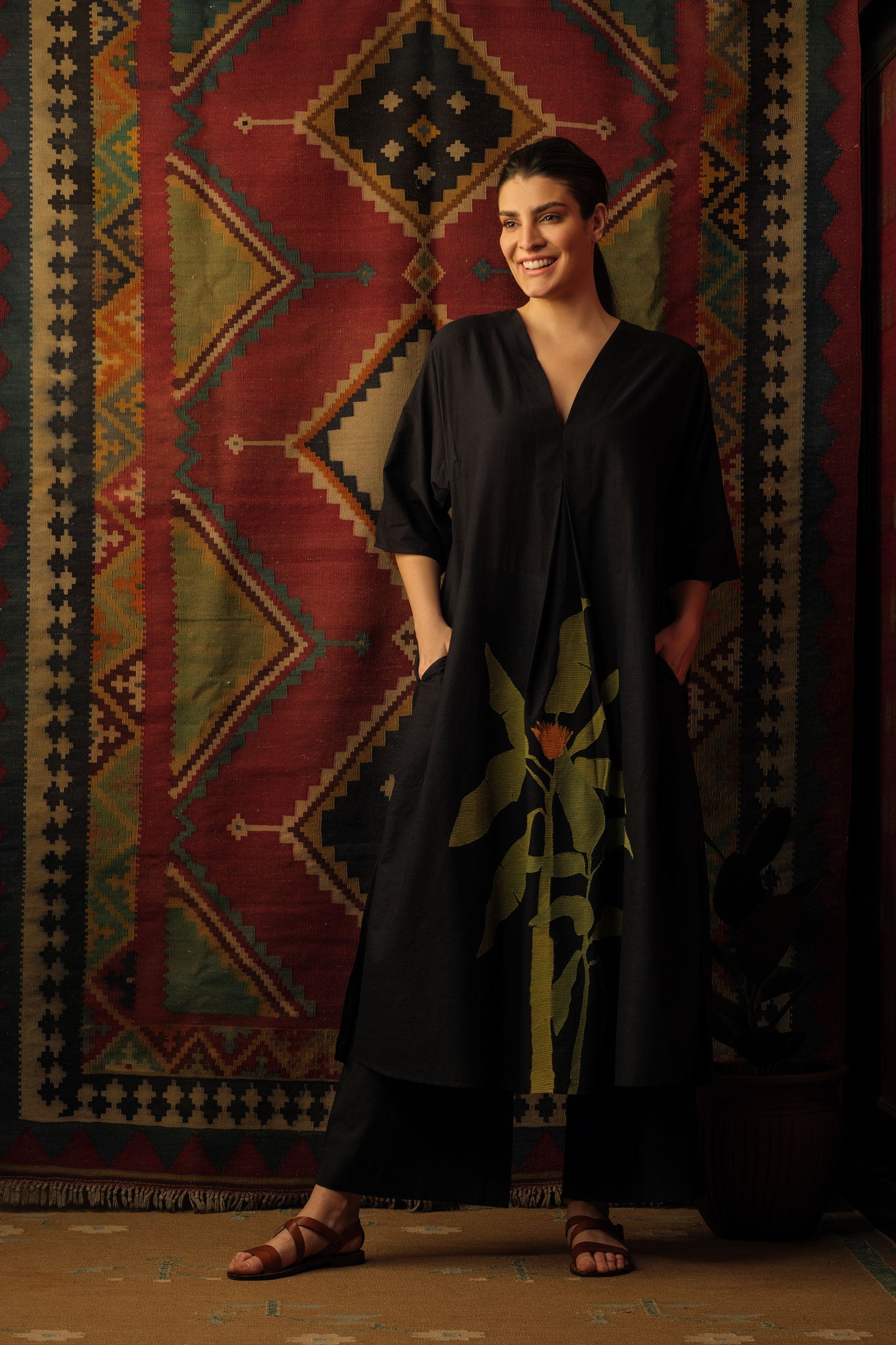 Plantain Leaf Appliqué Embroidered Kaftan Black Fashion Mallika Mathur