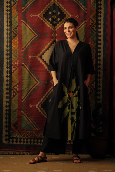 Plantain Leaf Appliqué Embroidered Kaftan Black Fashion Mallika Mathur