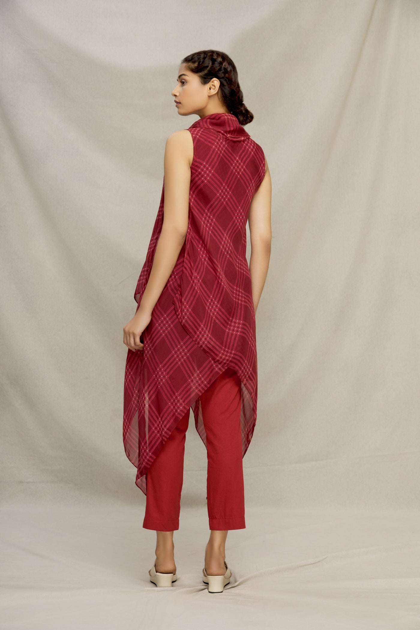 PRINTED CHECK SILK BIAS COWL TOP Fashion MYOHO 