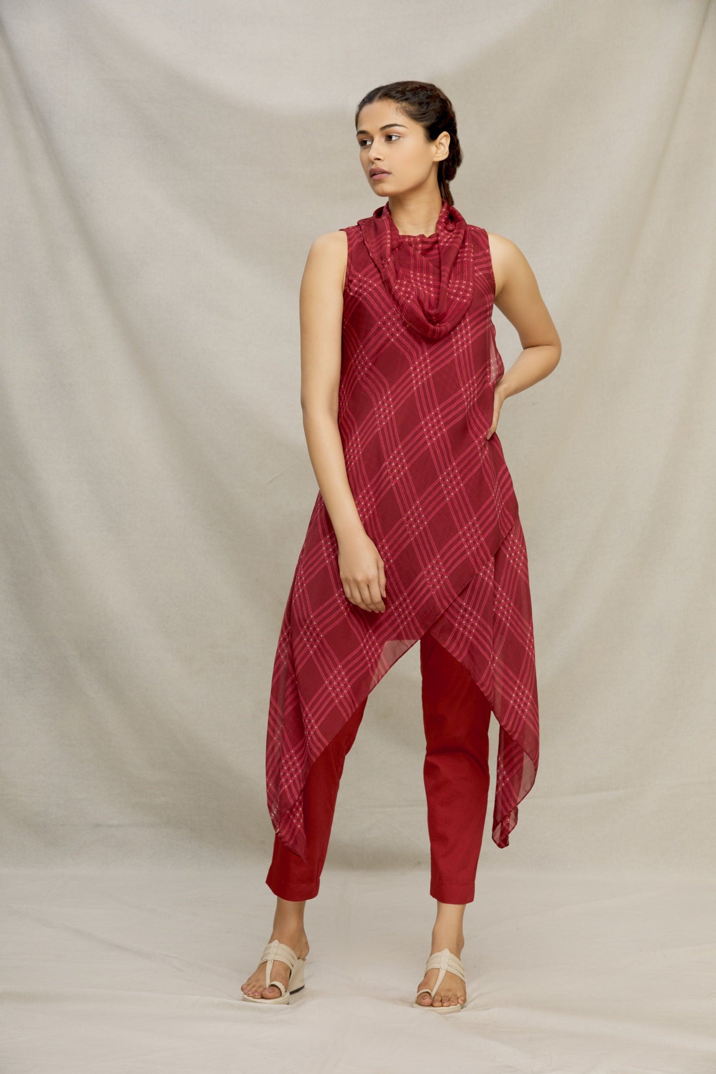 PRINTED CHECK SILK BIAS COWL TOP Fashion MYOHO 