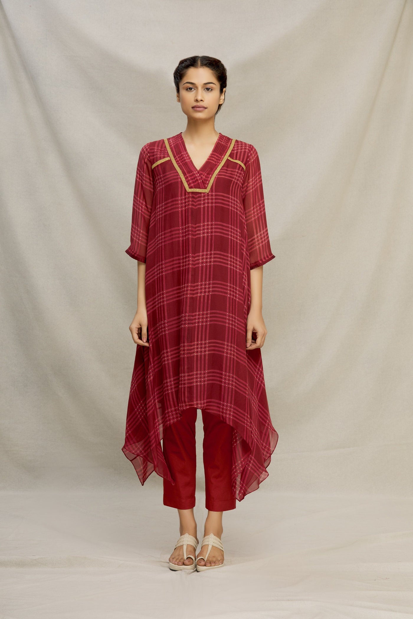 PRINTED CHECK SILK BIAS DRESS WITH PINTUCK V-YOKE & EMBROIDERY Fashion MYOHO 