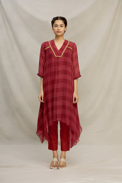 PRINTED CHECK SILK BIAS DRESS WITH PINTUCK V-YOKE & EMBROIDERY Fashion MYOHO 