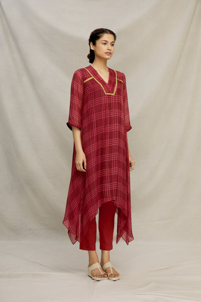 PRINTED CHECK SILK BIAS DRESS WITH PINTUCK V-YOKE & EMBROIDERY Fashion MYOHO 