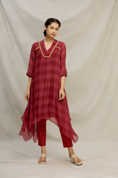 PRINTED CHECK SILK BIAS DRESS WITH PINTUCK V-YOKE & EMBROIDERY Fashion MYOHO 