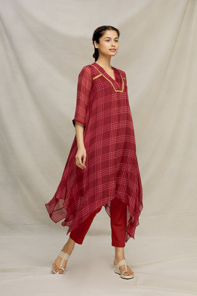 PRINTED CHECK SILK BIAS DRESS WITH PINTUCK V-YOKE & EMBROIDERY Fashion MYOHO 