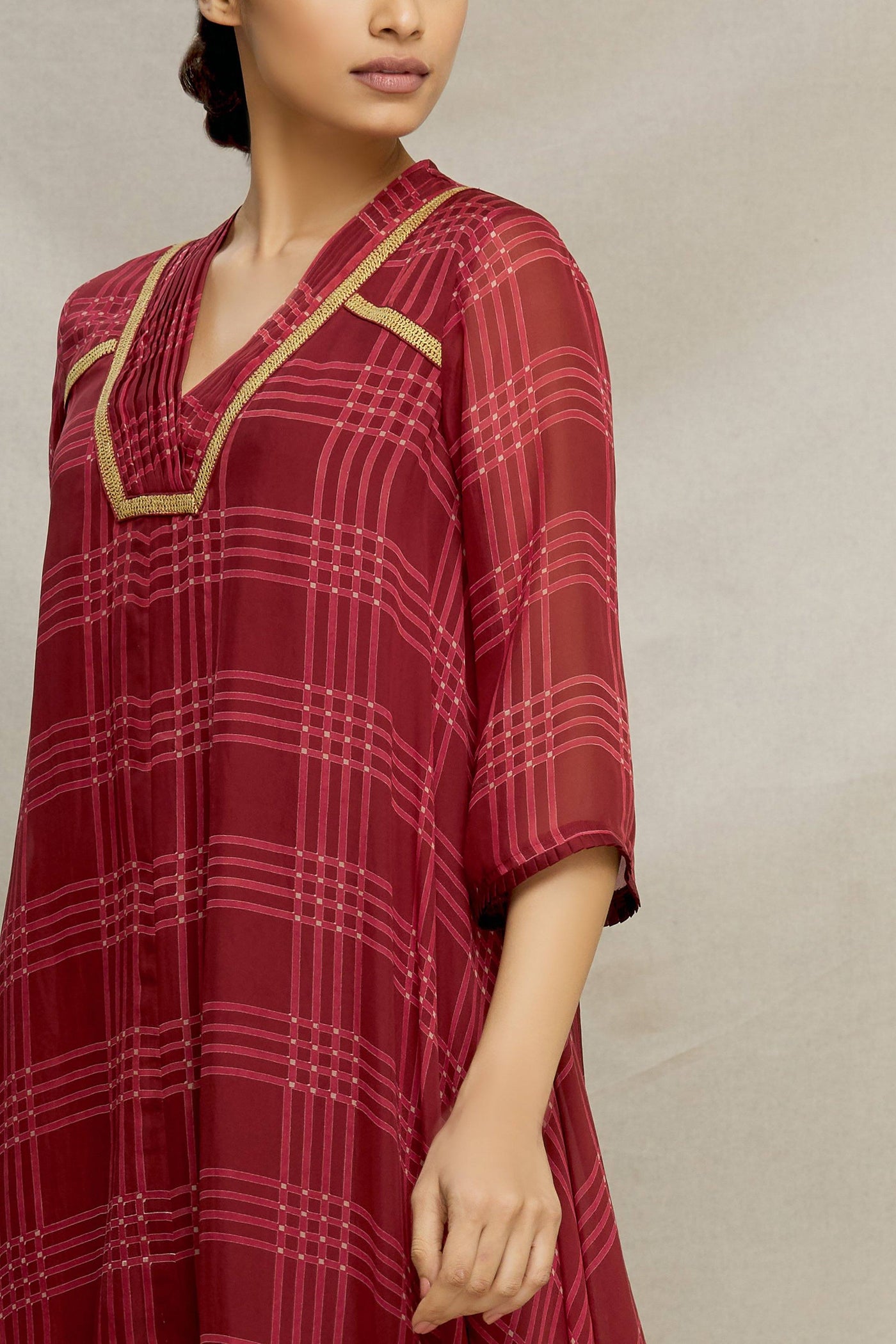 PRINTED CHECK SILK BIAS DRESS WITH PINTUCK V-YOKE & EMBROIDERY Fashion MYOHO 
