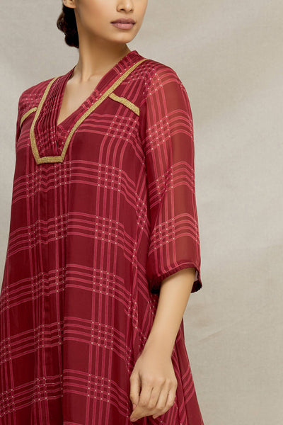 PRINTED CHECK SILK BIAS DRESS WITH PINTUCK V-YOKE & EMBROIDERY Fashion MYOHO 
