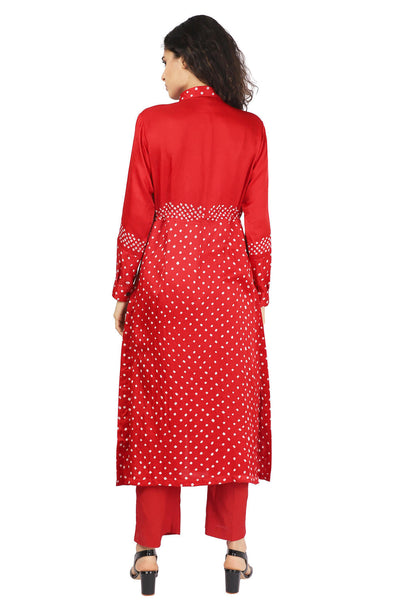 Red Hand-Done Bandhani Half And Half Kurta Set Fashion The Pot Plant
