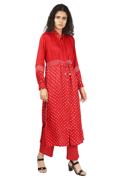 Red Hand-Done Bandhani Half And Half Kurta Set Fashion The Pot Plant