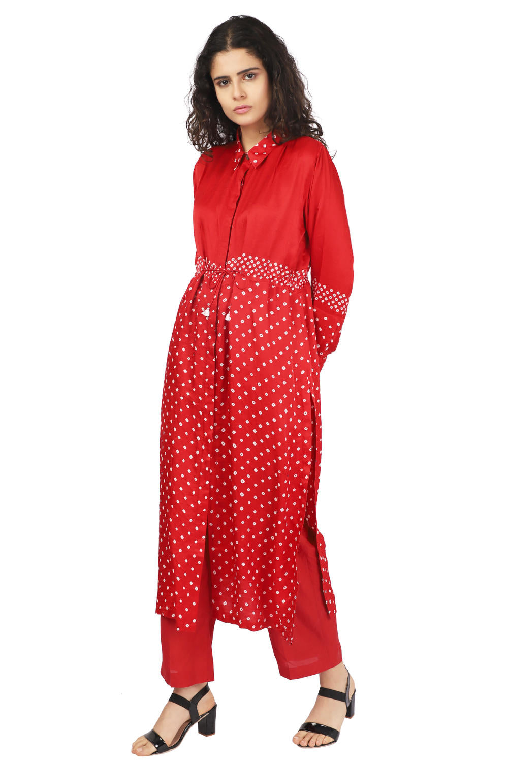 Red Hand-Done Bandhani Half And Half Kurta Set Fashion The Pot Plant
