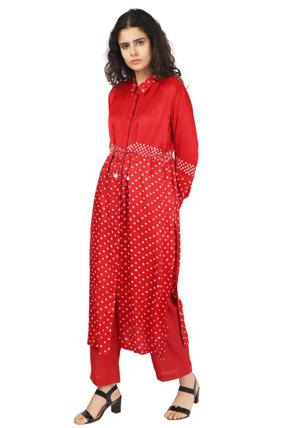Red Hand-Done Bandhani Half And Half Kurta Set Fashion The Pot Plant