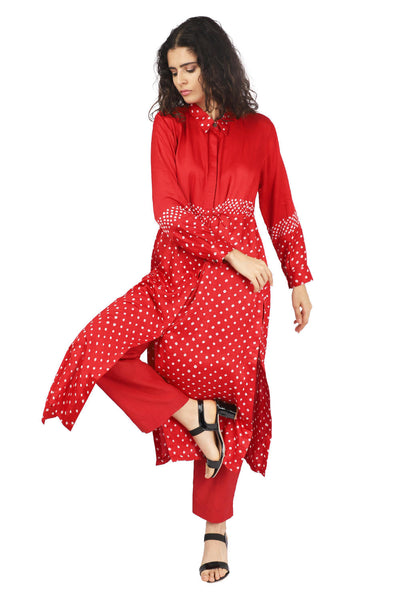 Red Hand-Done Bandhani Half And Half Kurta Set Fashion The Pot Plant
