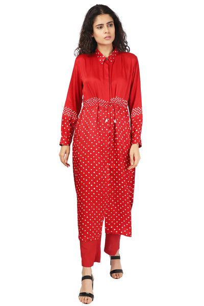 Red Hand-Done Bandhani Half And Half Kurta Set Fashion The Pot Plant