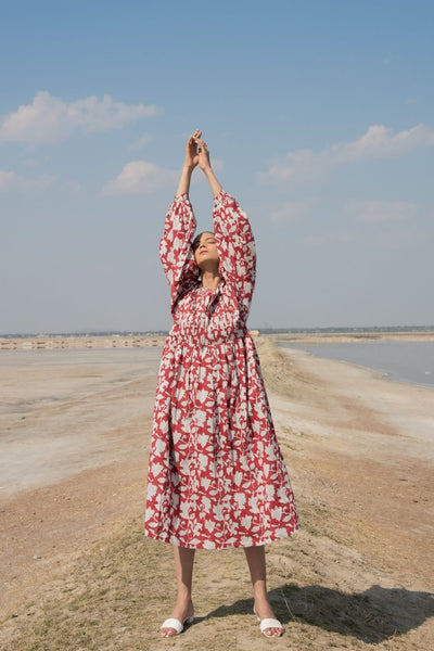 Red Lilies Gather Dress Fashion Marche