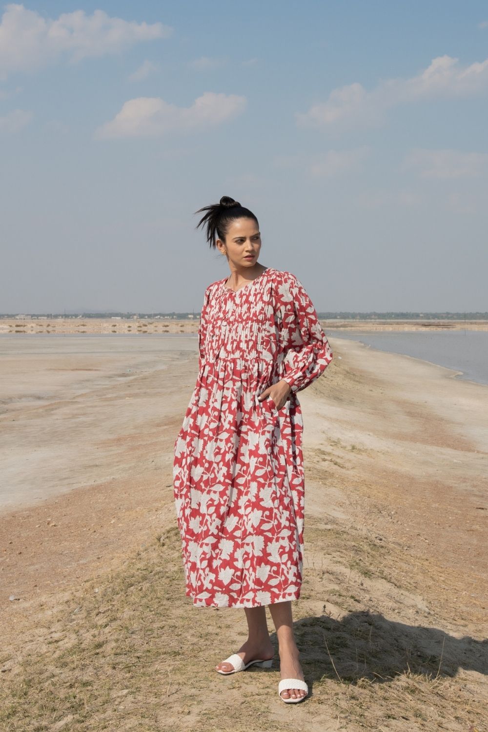 Red Lilies Gather Dress Fashion Marche