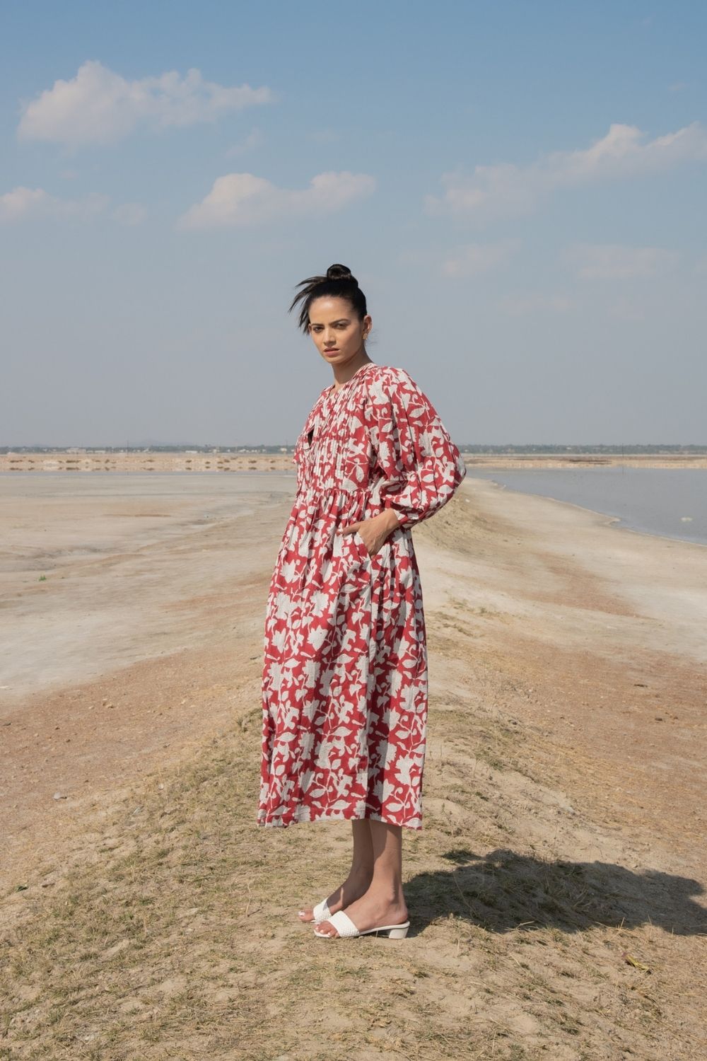 Red Lilies Gather Dress Fashion Marche