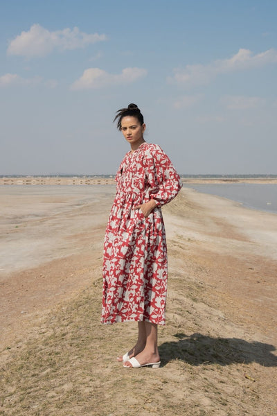 Red Lilies Gather Dress Fashion Marche
