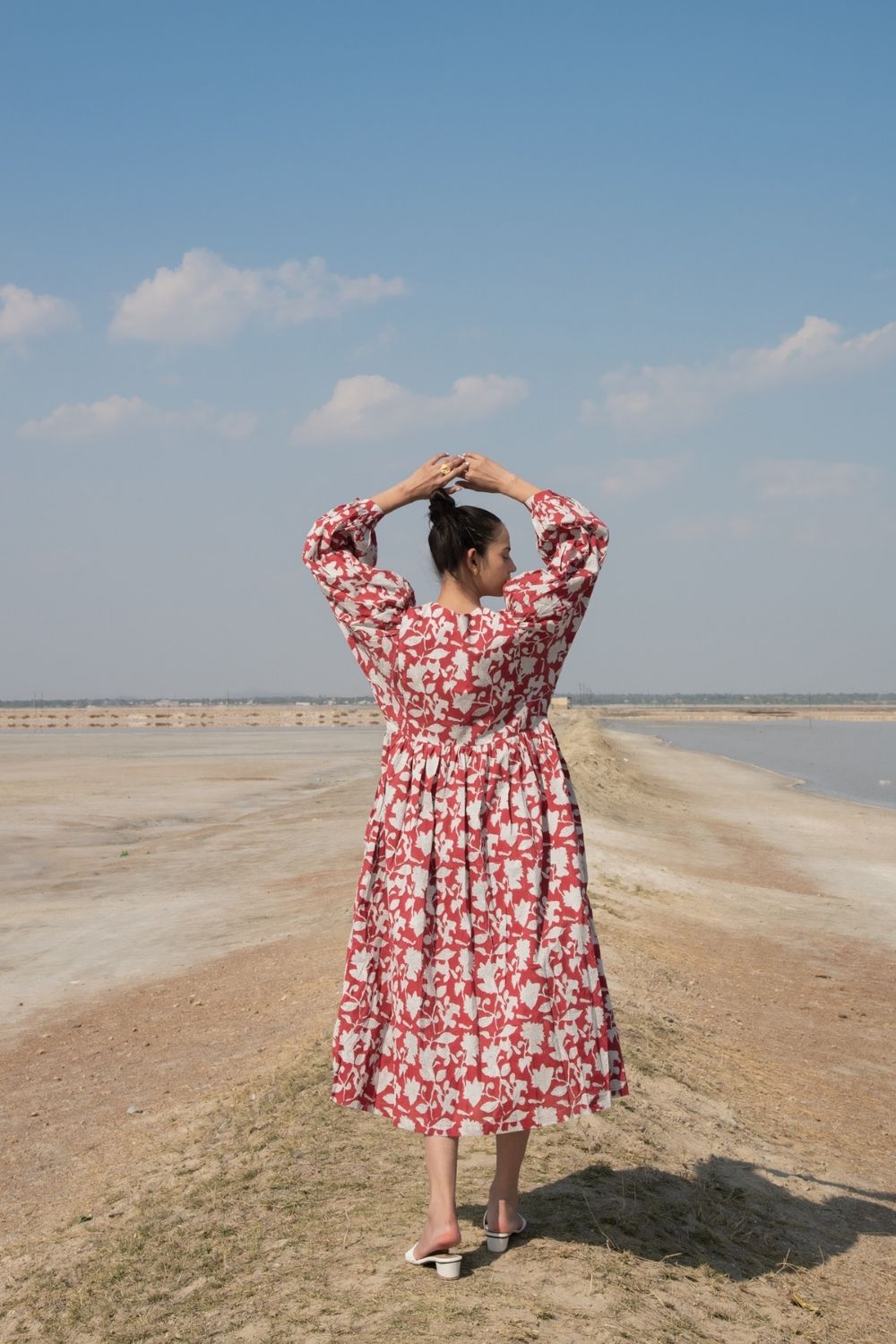 Red Lilies Gather Dress Fashion Marche