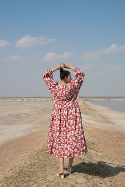 Red Lilies Gather Dress Fashion Marche