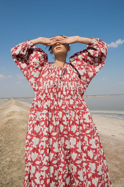 Red Lilies Gather Dress Fashion Marche