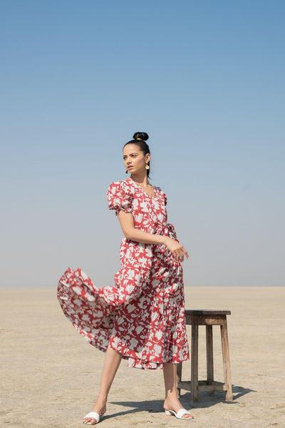 Red Lilies Tier Wrap Dress Fashion Marche
