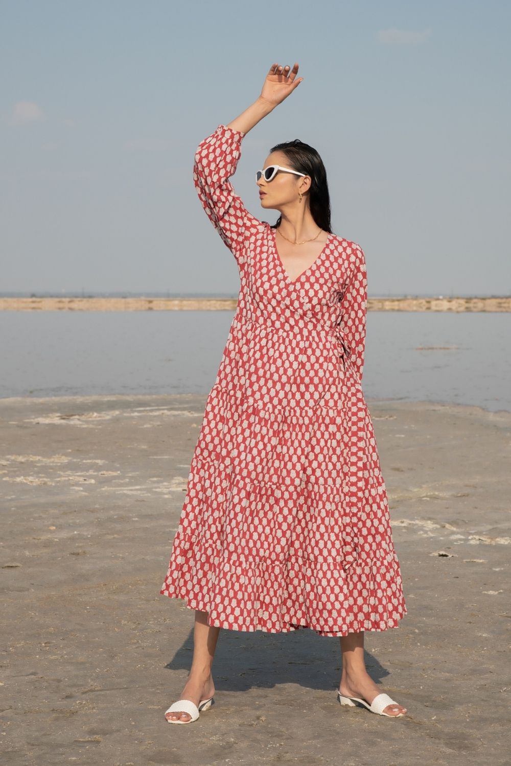 Red Lotus Tier Wrap Dress Fashion Marche