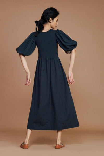 Reversible Smocked Balloon Sleeve Grey & Charcoal Dress Fashion Mati