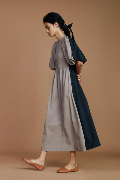 Reversible Smocked Balloon Sleeve Grey & Charcoal Dress Fashion Mati