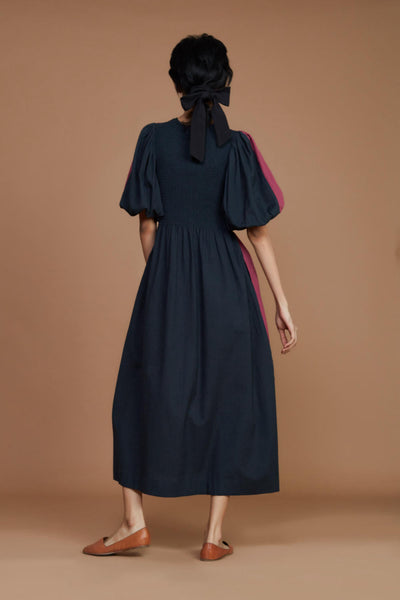 Reversible Smocked Balloon Sleeve Grey & Charcoal Dress Fashion Mati