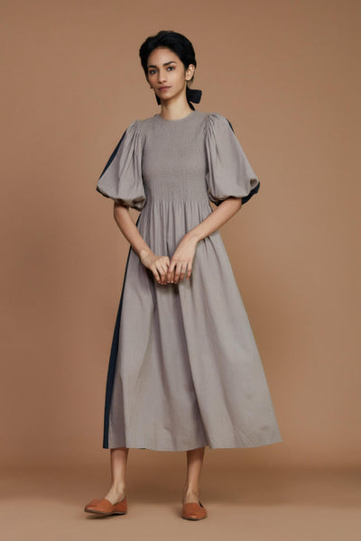 Reversible Smocked Balloon Sleeve Grey & Charcoal Dress Fashion Mati