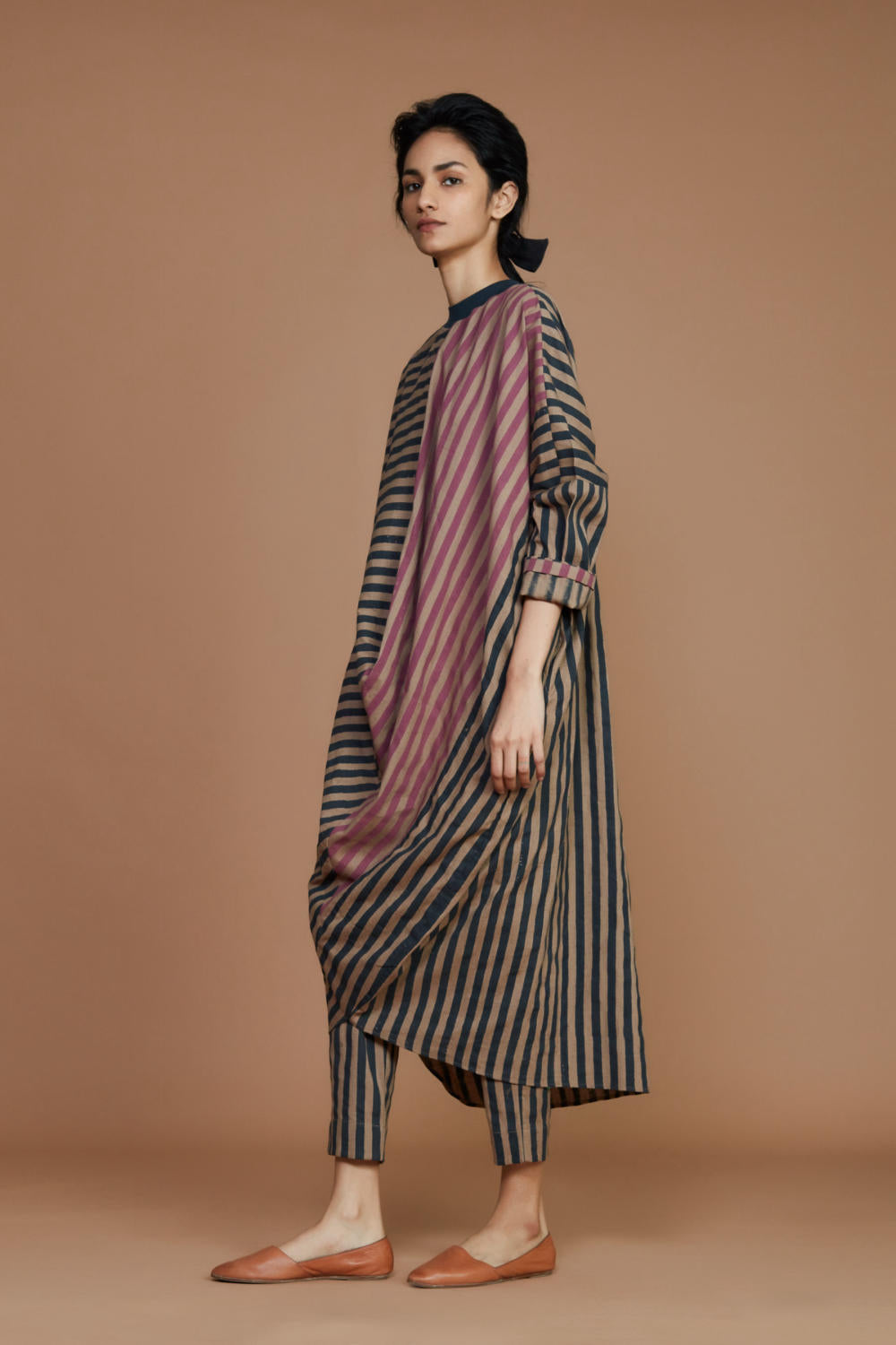 Ribbed Cowl Tunic Striped Brown Co-Ord Set Fashion Mati