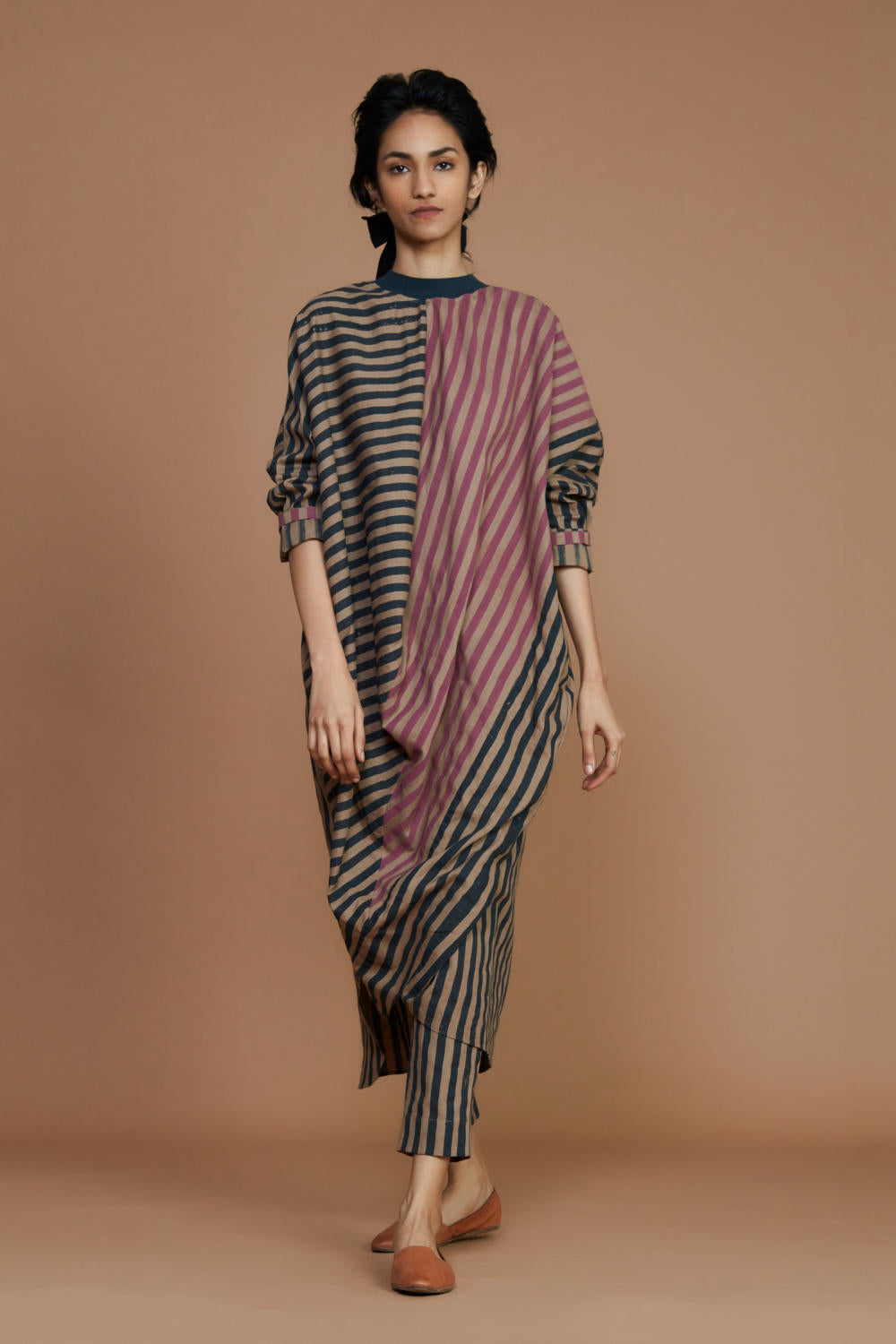 Ribbed Cowl Tunic Striped Brown Co-Ord Set Fashion Mati