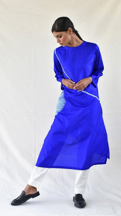 Royal Blue Silk Shibori Kurta Fashion Medium