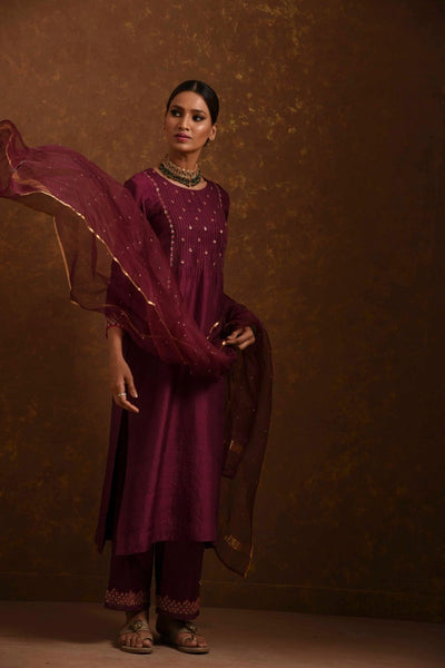 Ruhani Wine Kurta Set Fashion Canvas And Weaves 
