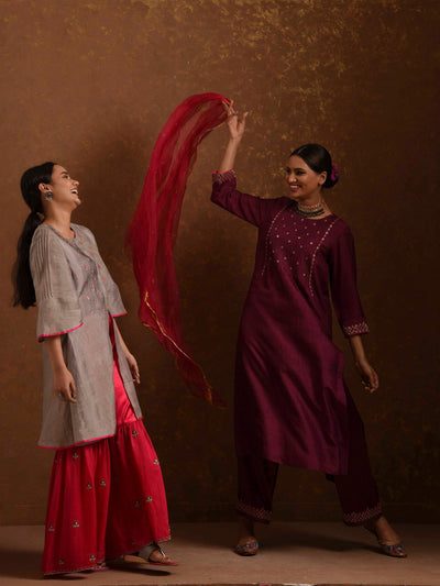 Ruhani Wine Kurta Set Fashion Canvas And Weaves 