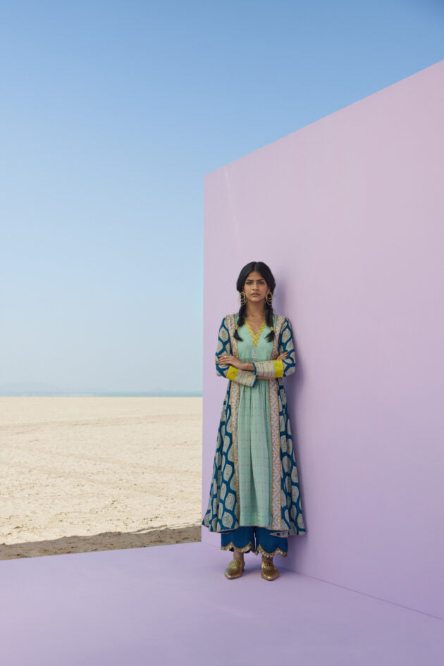 TEAL BLUE - POWDER BLUE PRINTED PANEL KURTA SET Fashion Rajiramniq