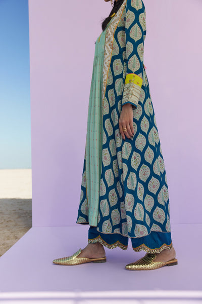 TEAL BLUE - POWDER BLUE PRINTED PANEL KURTA SET Fashion Rajiramniq