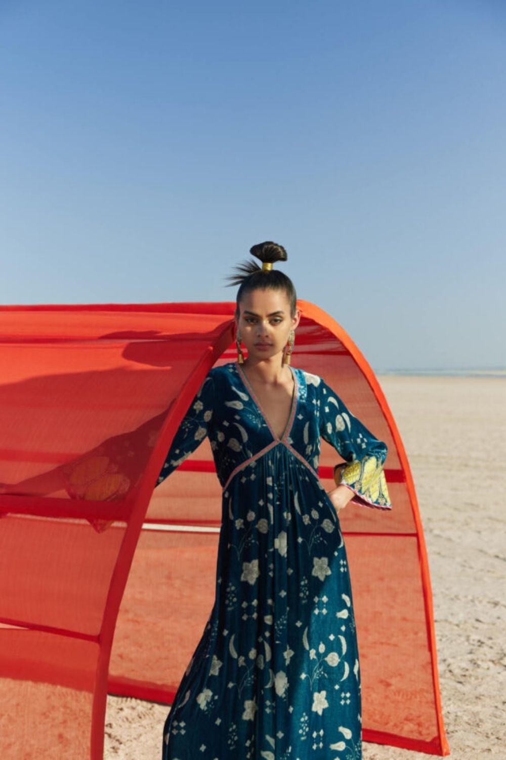 TEAL BLUE PRINTED BELL SLEEVE SILK VELVET KURTA SET Fashion Rajiramniq