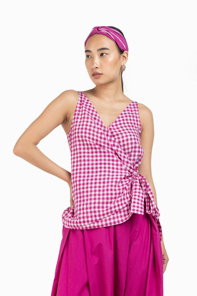 Tie Top Hot Pink Check Co-ord Fashion THREE XS Top
