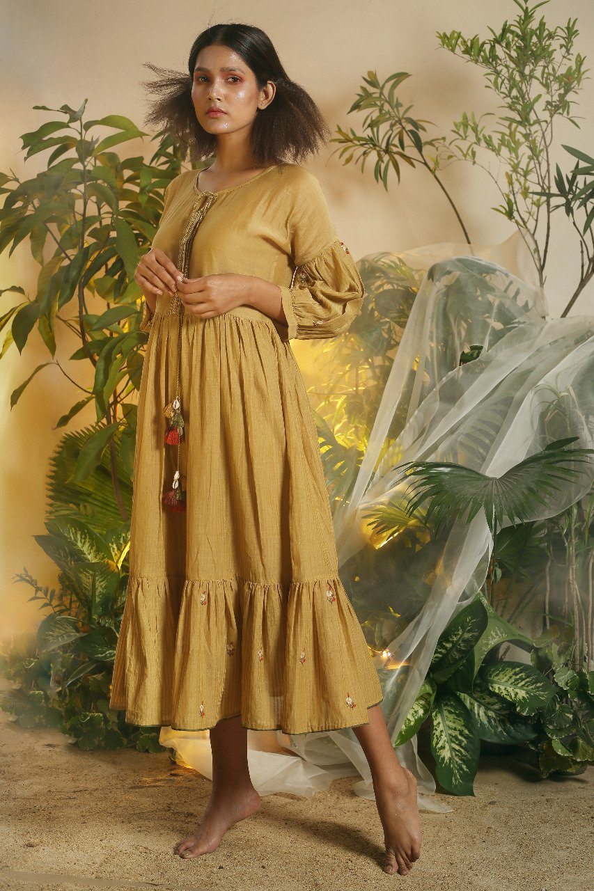 Tiered Bohemian Dress - Mustard Fashion Chokhi Chorri 