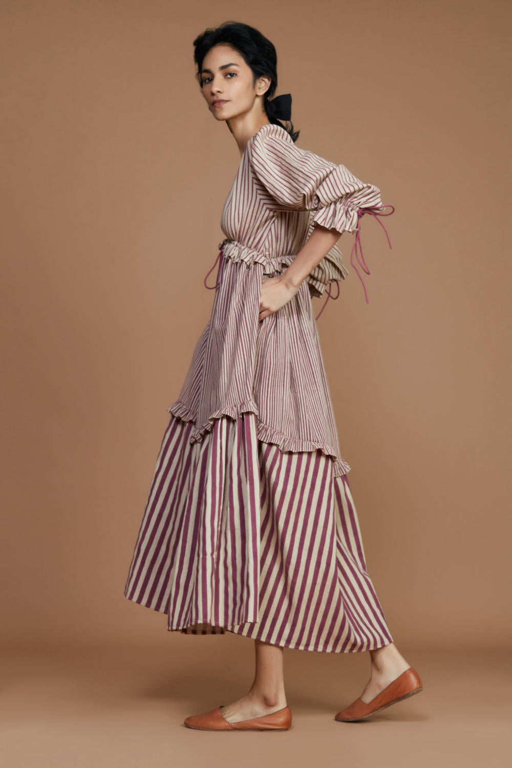 Tiered Frill Mauve Striped Dress Canvas & Weaves